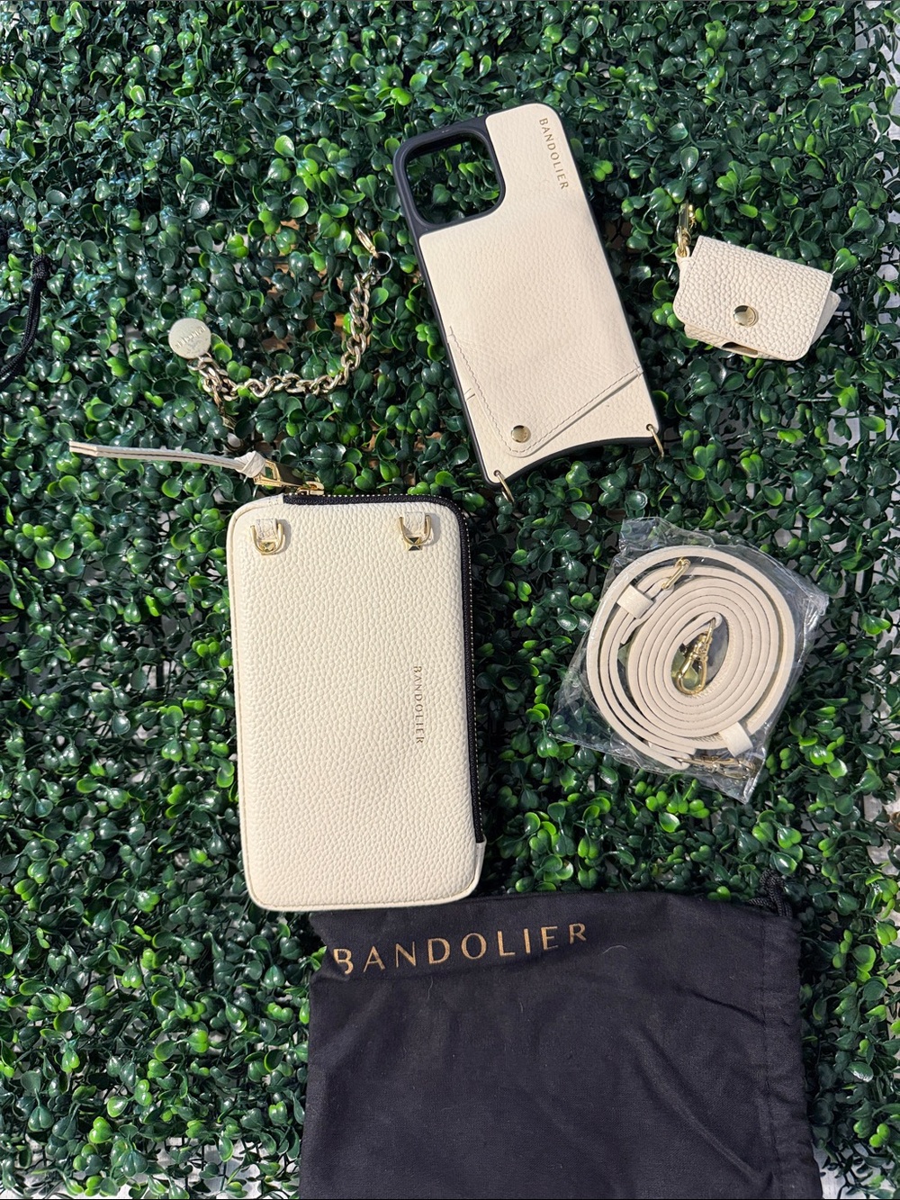 Bandolier Cream Leather Phone Crossbody Set iPhone ProMax 14